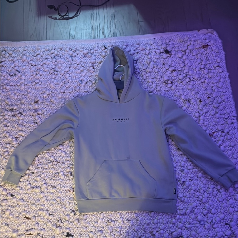 Gray Pullover Sweater with Hood and Ribbed Cuffs